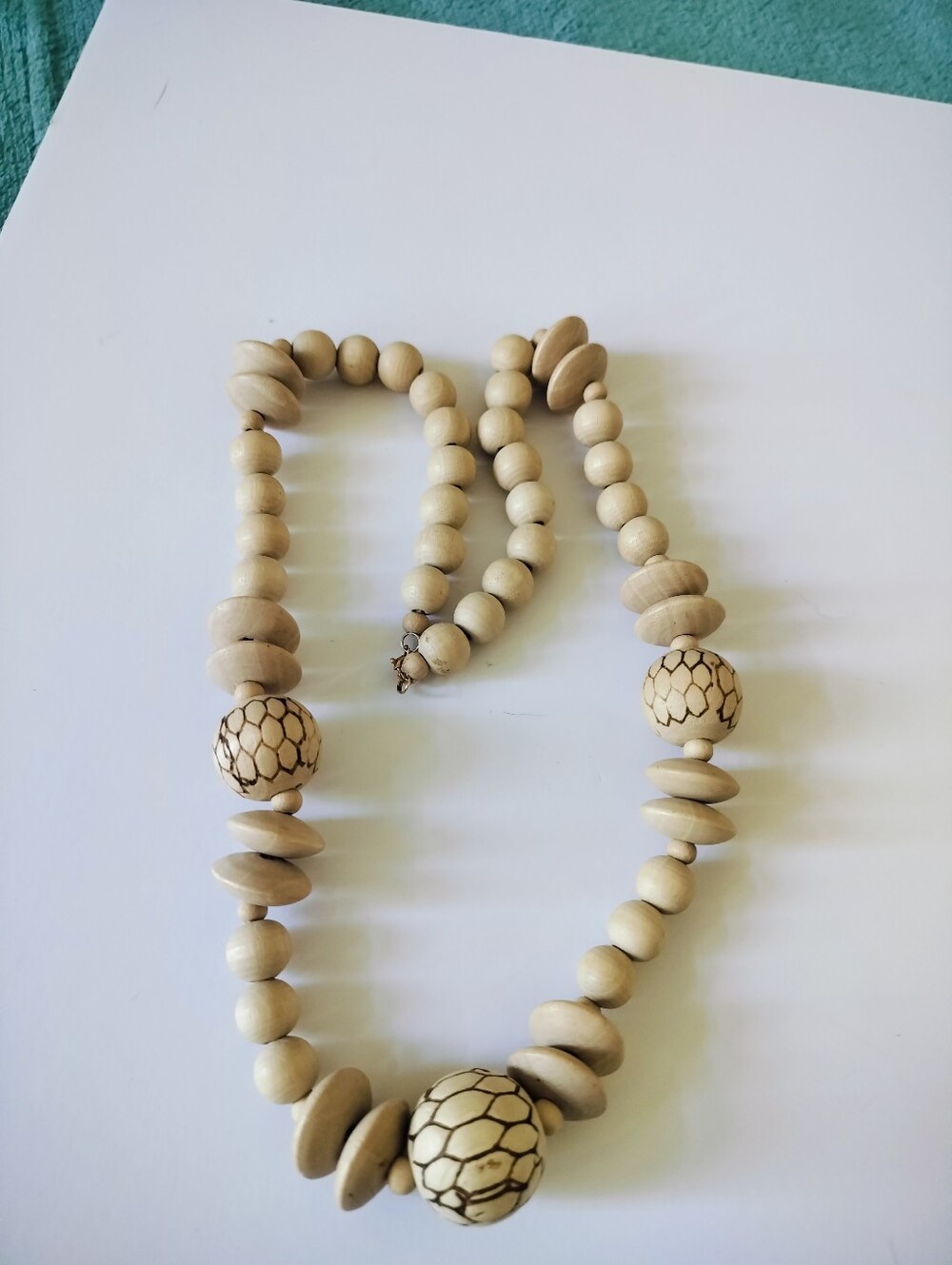 Carved Wooden Statement Necklace with Etched Focal Beads